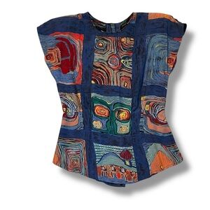 Platinum Dorothy Schoelen Artsy Top Small Abstract Print Button Back Vintage 80s